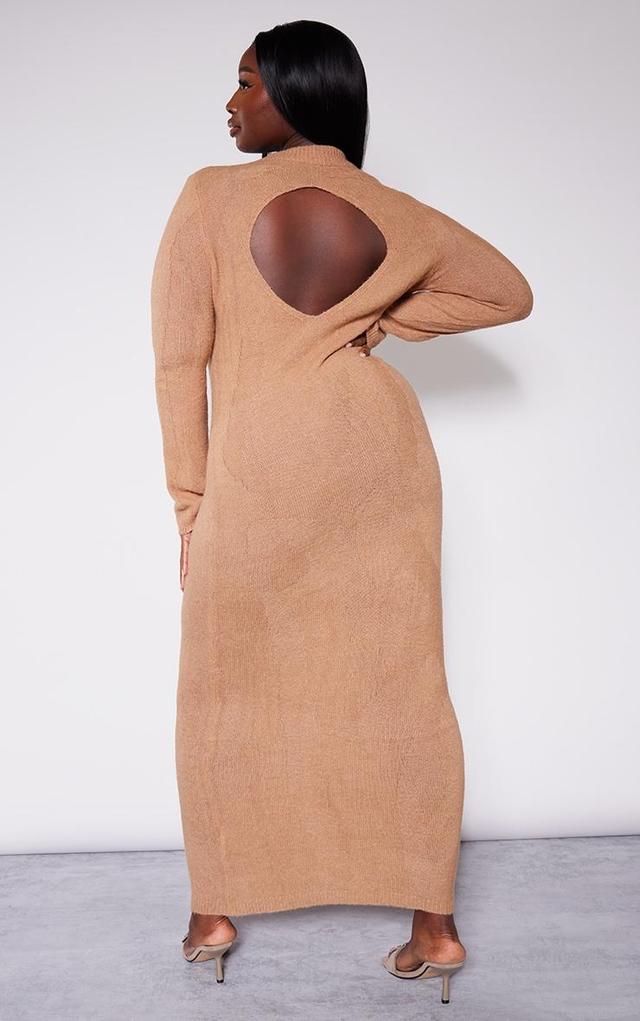 Plus Mocha Soft Knit Open Back Long Sleeve Maxi Dress Product Image