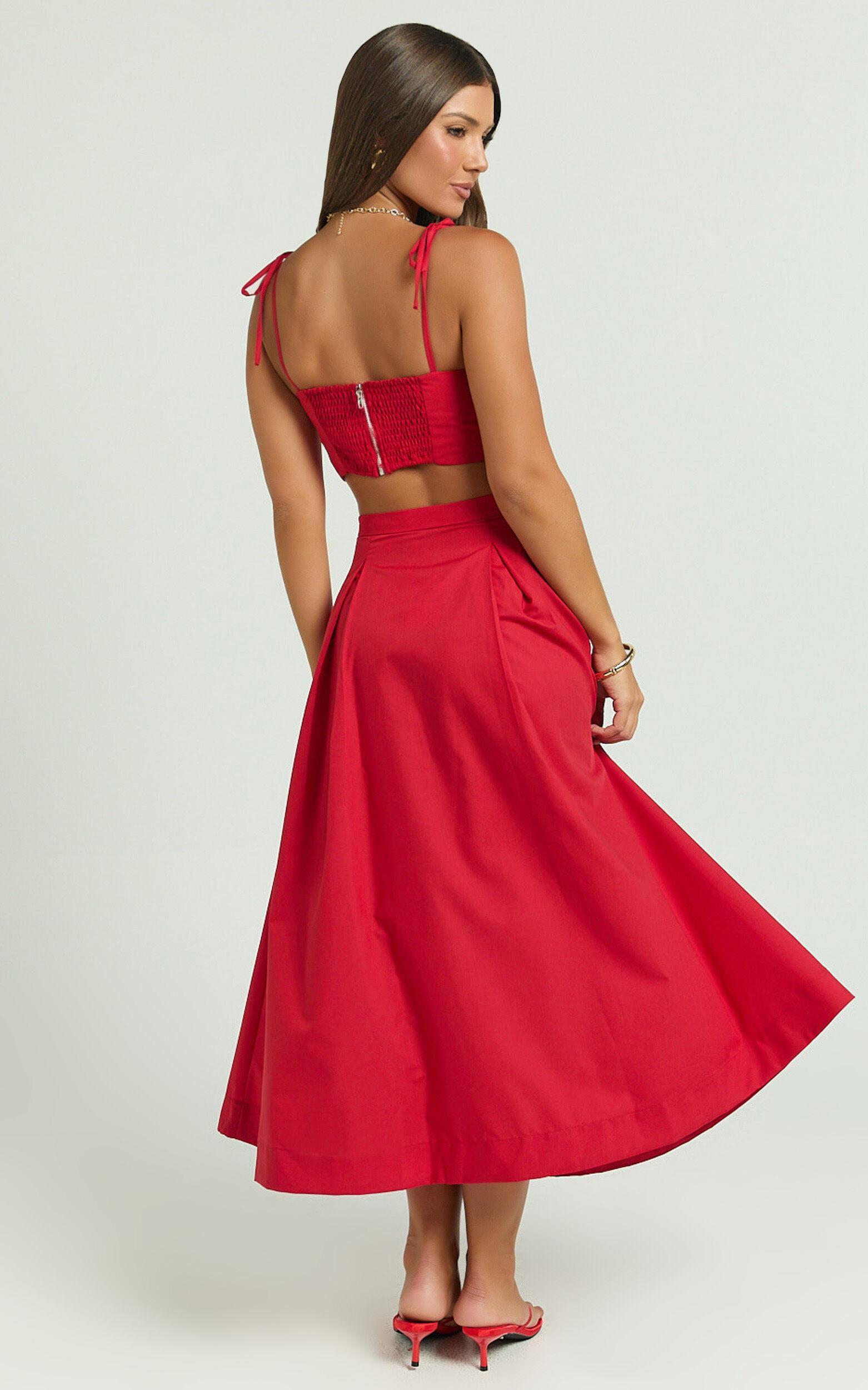 Rosalee Two Piece Set - Strappy Crop Top and High Waisted A Line Midi Skirt Set in Red Product Image