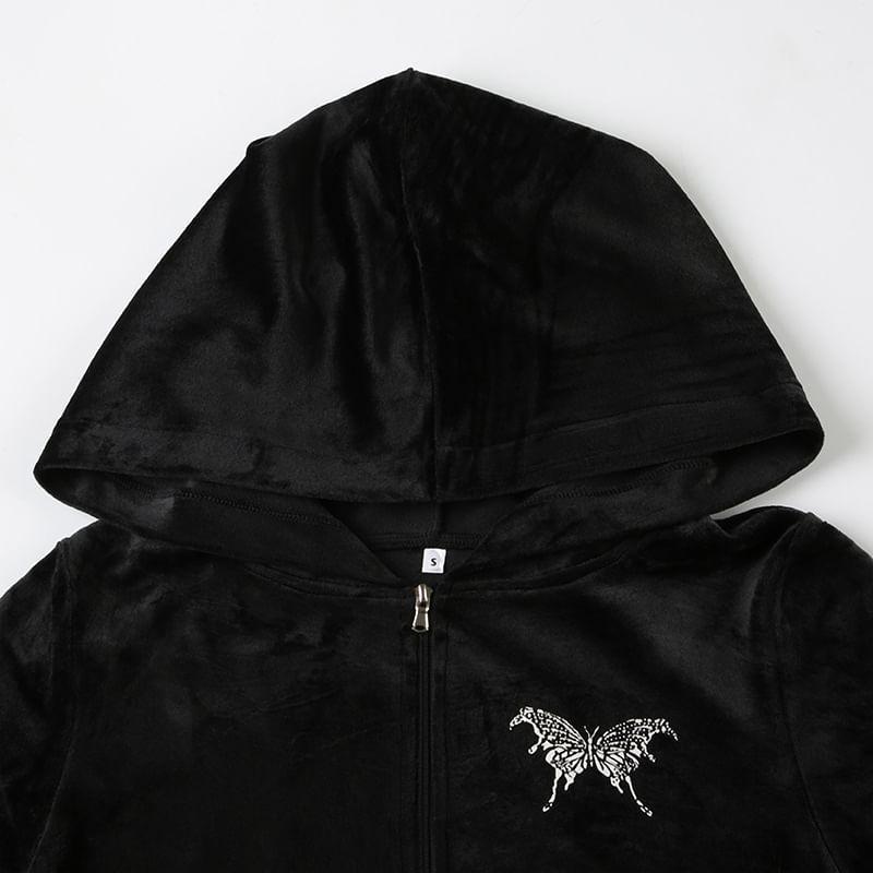 Butterfly Print Zip-Up Velvet Crop Hoodie Product Image