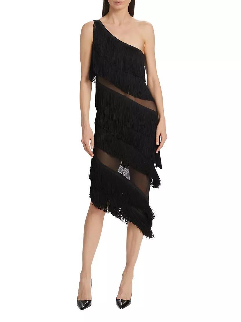 Spliced One-Shoulder Fringe Midi-Dress Product Image