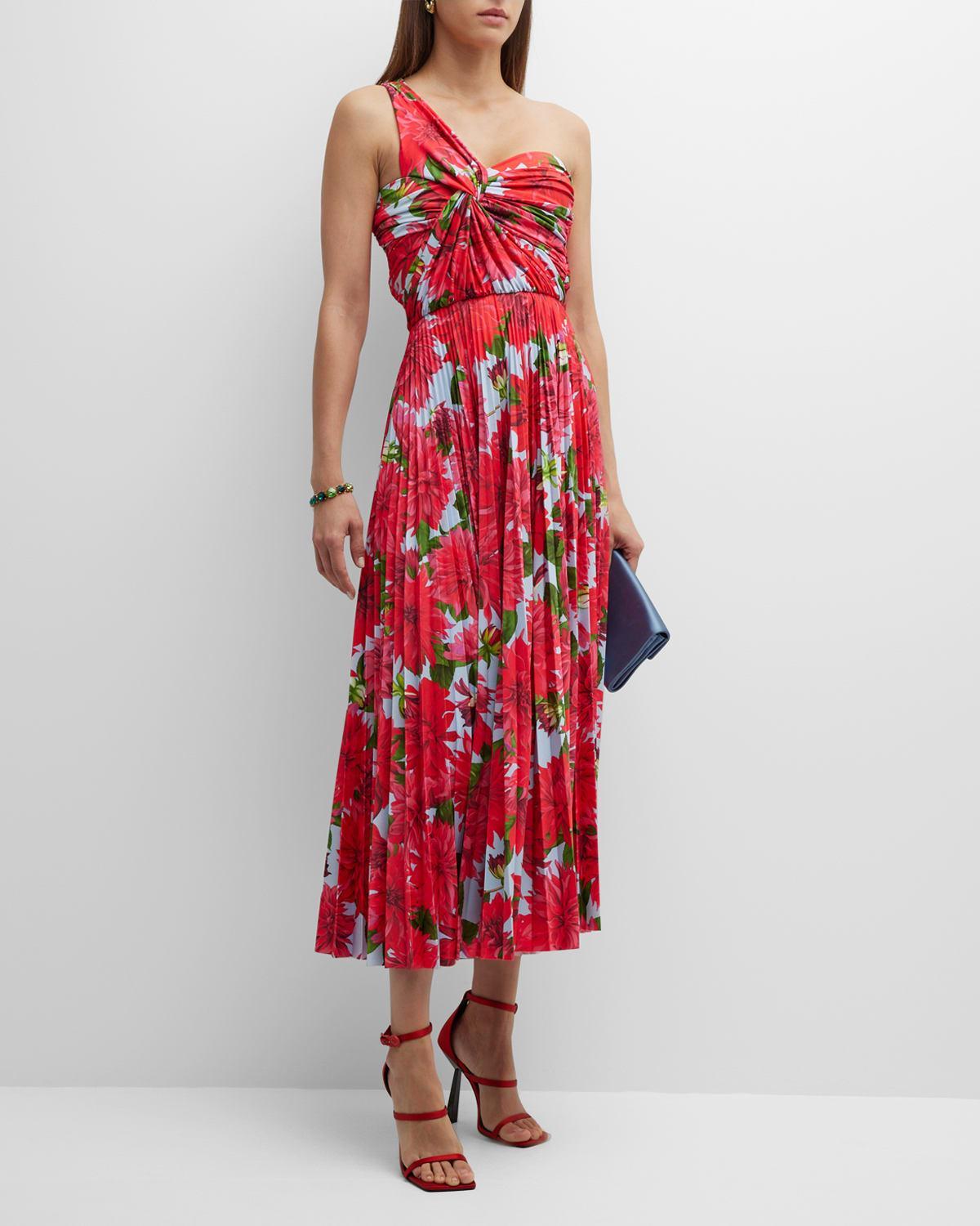 One-Shoulder Dahlia Print Pleated Midi Dress Product Image