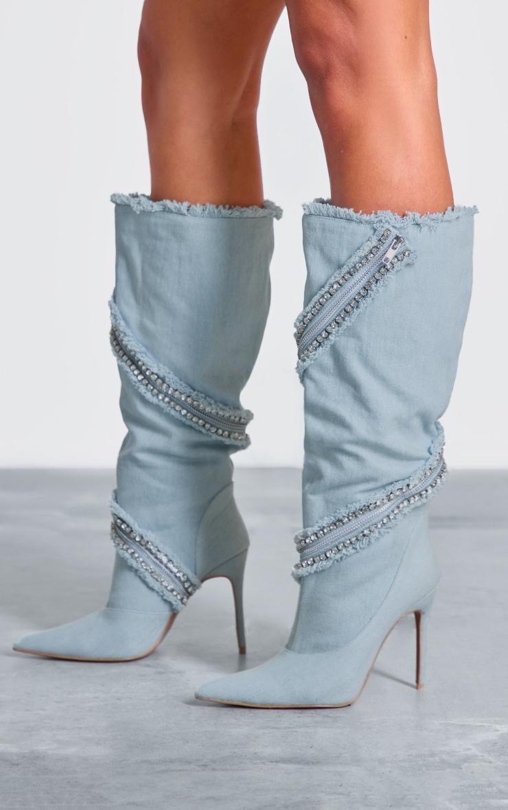 Light Blue Denim Point Toe Diamante Zip High Stiletto Knee High Boots Product Image