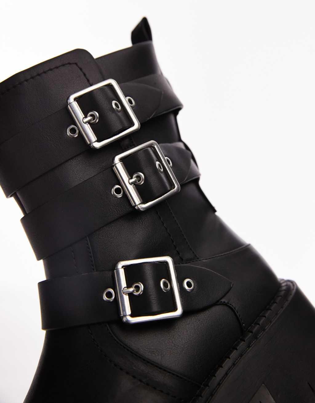 Topshop Wide Fit Luke chunky biker boots with buckle detail in black Product Image