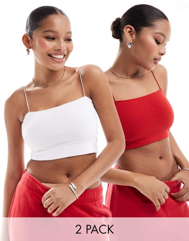 Pull&Bear 2 pack strappy tube crop top in white and red Product Image