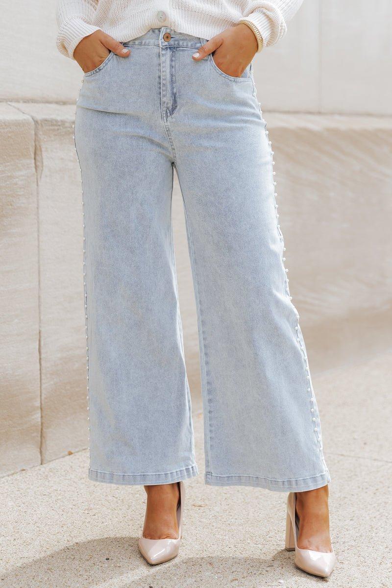 Light Wash Pearl Detail Cropped Jeans product image