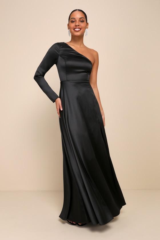 Unreal Elegance Black Satin One-Shoulder Long Sleeve Maxi Dress Product Image