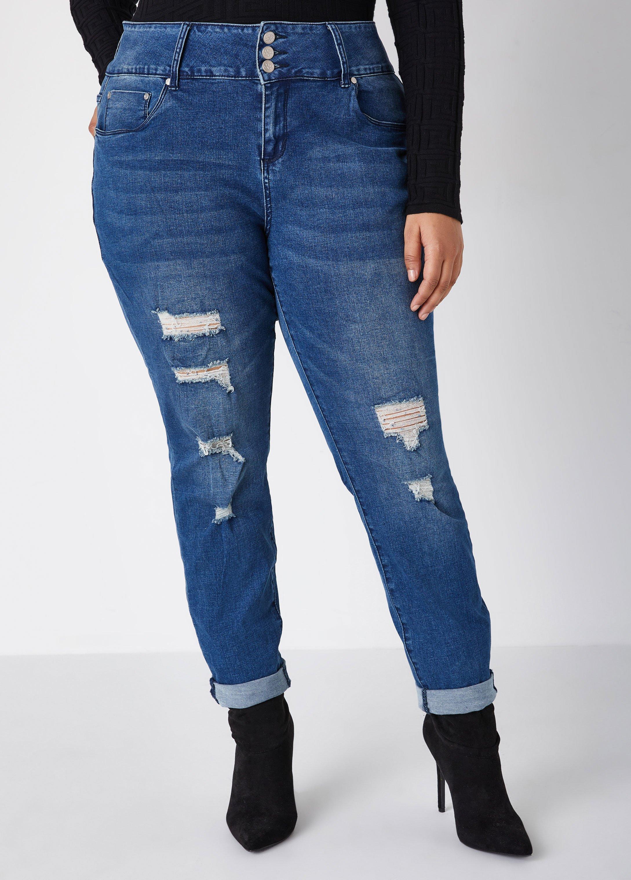 Plus Size Cuffed Distressed Slim Leg Jeans Ashley Stewart Product Image