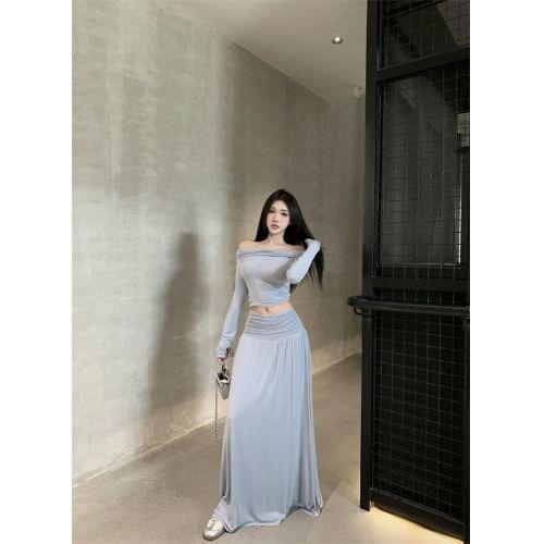 Set: Long Sleeve Off Shoulder Plain Crop Top + Mid Rise Ruched Maxi A-Line Skirt Product Image