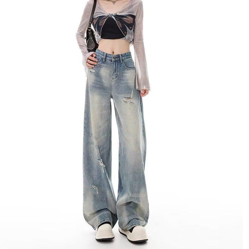 High Waist Distressed Washed Wide Leg Jeans Product Image