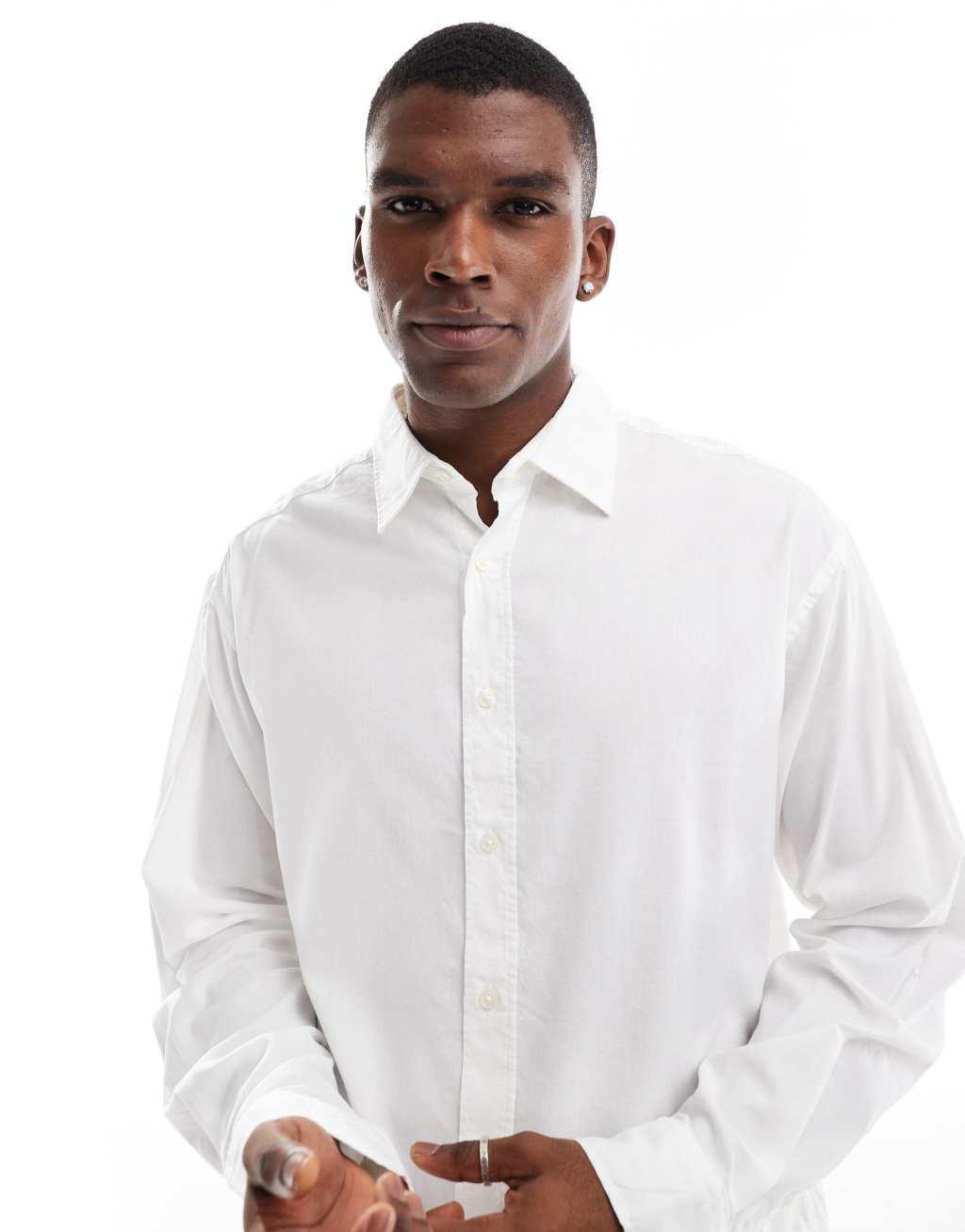 Jack & Jones boxy straight hem shirt in white  Product Image