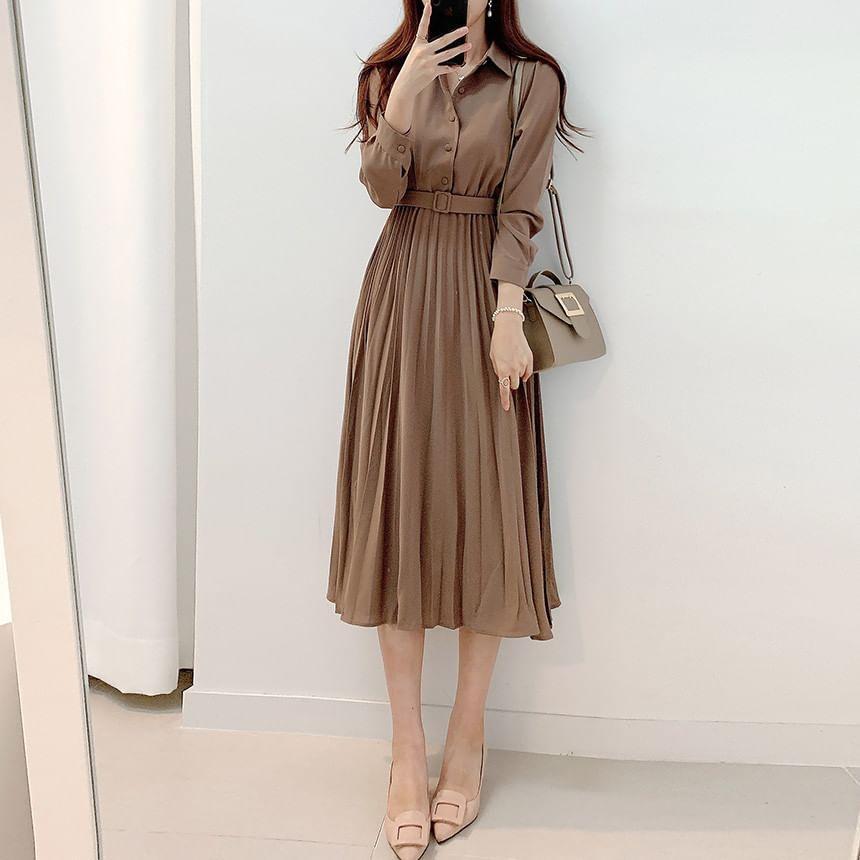 Long Sleeve Collared Plain Pleated Belted Button Midi A-Line Dress Product Image