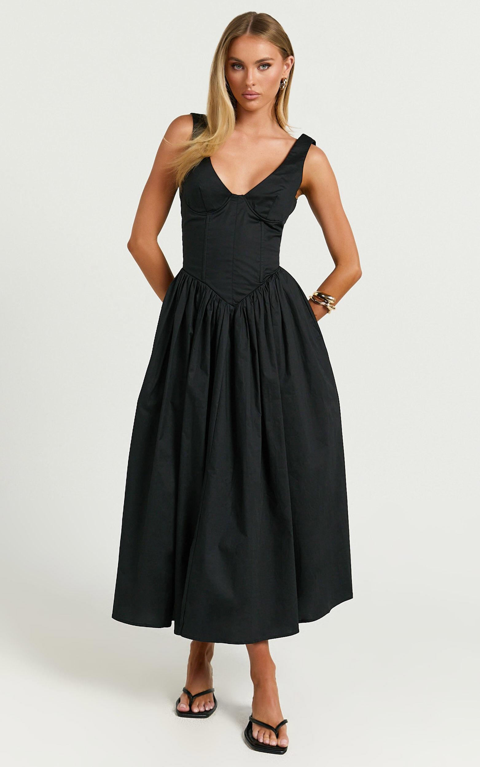 Beckett Midi Dress - Scoop Neck Drop V Waist Gathered Skirt Dress in Black Product Image