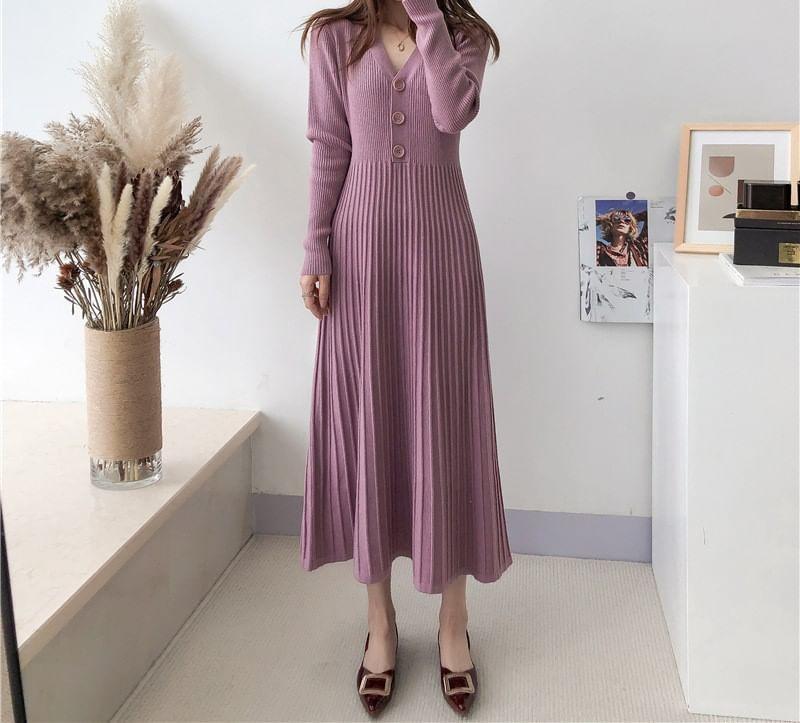 Long-Sleeve V-Neck Plain Ribbed Midi Knit Dress Product Image