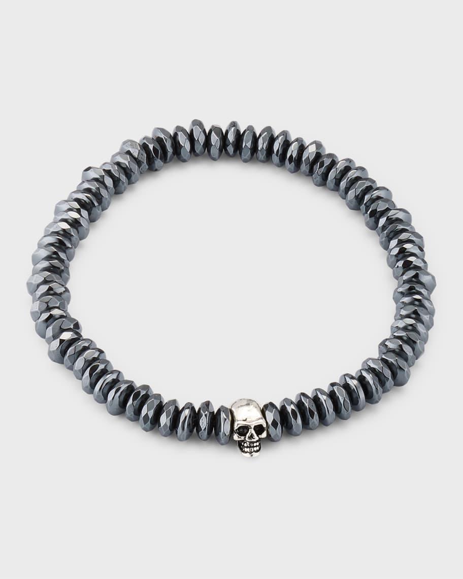 Men's Hematite Beaded Bracelet with Sterling Silver Skull Product Image