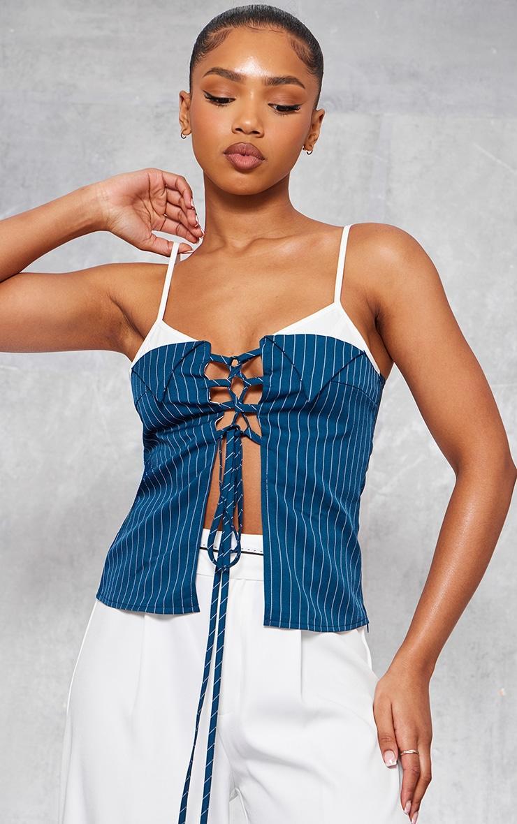 Dark Blue Pinstripe Contrast Stap Lace Up Top Product Image