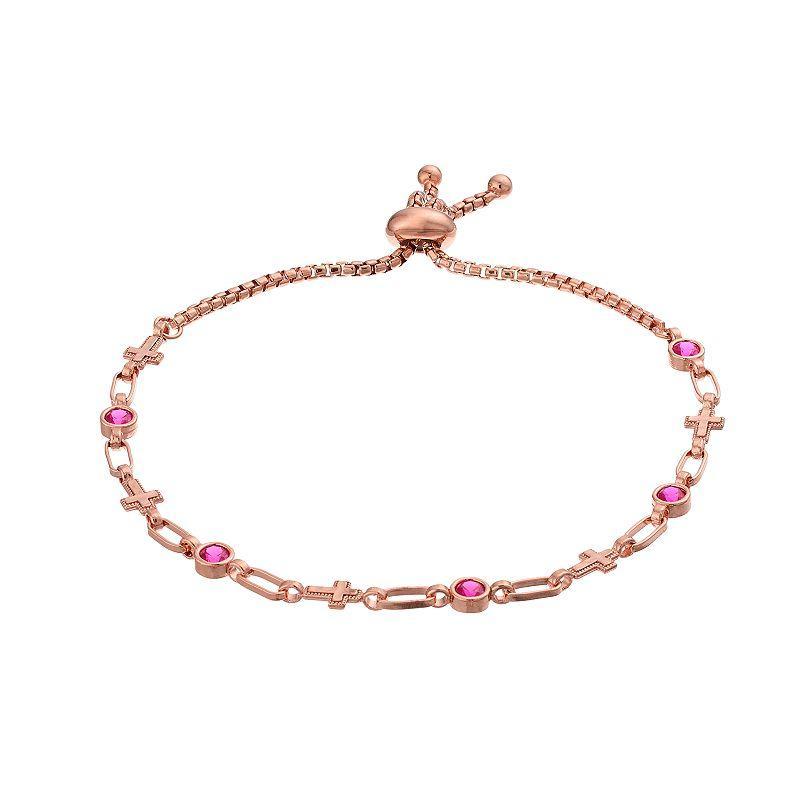 Kristen Kesho Sterling Silver Lab-Created Ruby & Cross Link Adjustable Bolo Bracelet, Womens Pink Tone Product Image