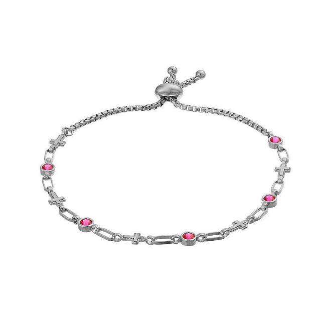 Kristen Kesho Sterling Silver Lab-Created Ruby & Cross Link Adjustable Bolo Bracelet, Womens Product Image