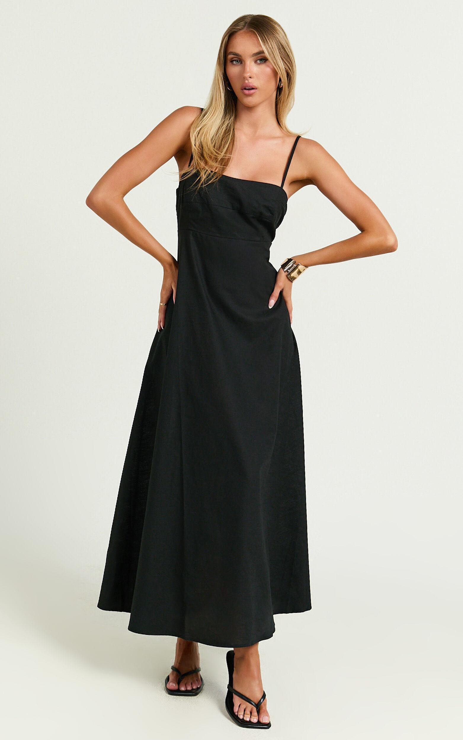 Brette Midi Dress - Linen Look Straight Neck Strappy Fit And Flare Dress in Black Product Image