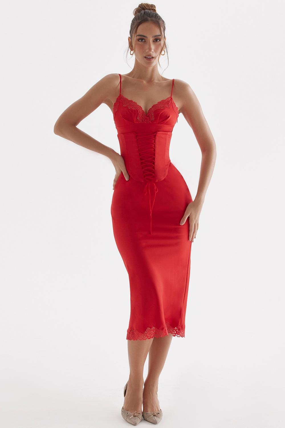 Salma Red Rose Satin Slip Dress Product Image