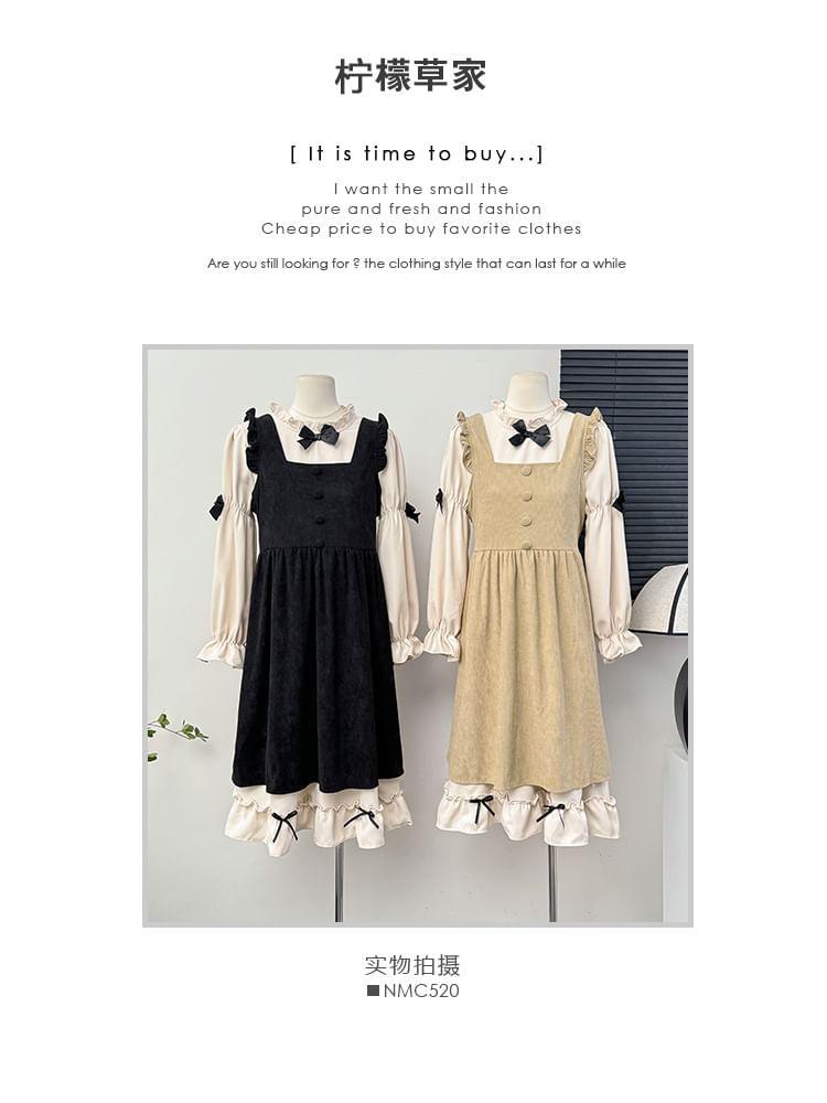 Set: Bow-Accent Long-Sleeve Midi Dress + Ruffled Tank Dress Product Image