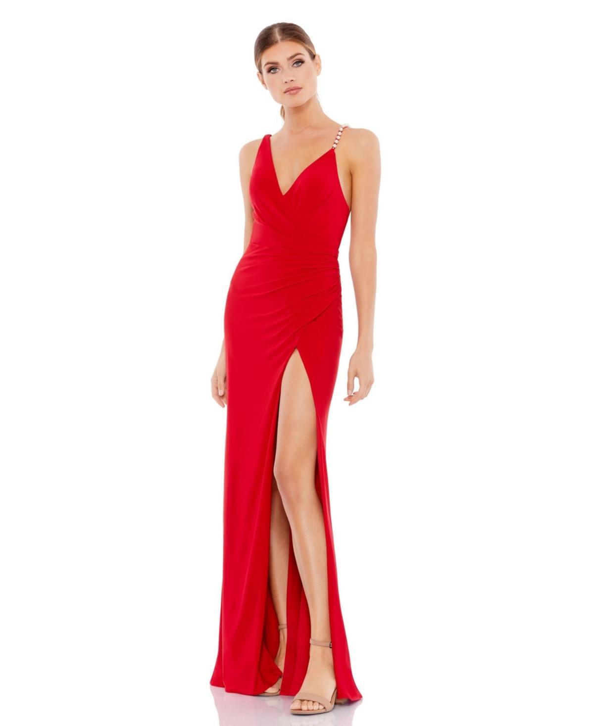 Mac Duggal Womens Asymmetrical Pearl Strap V-Neck Gown product image