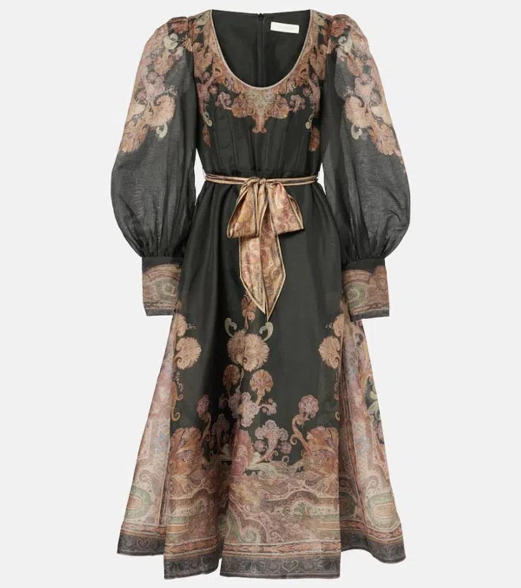 ZIMMERMANN Illustration Belted Printed Linen And Silk-blend Organza Midi Dress In Black Product Image