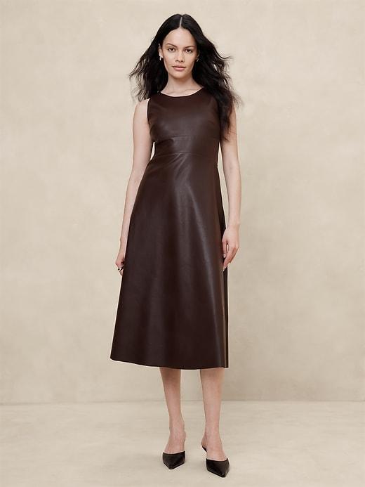 Vegan Leather Paneled Midi Dress Product Image