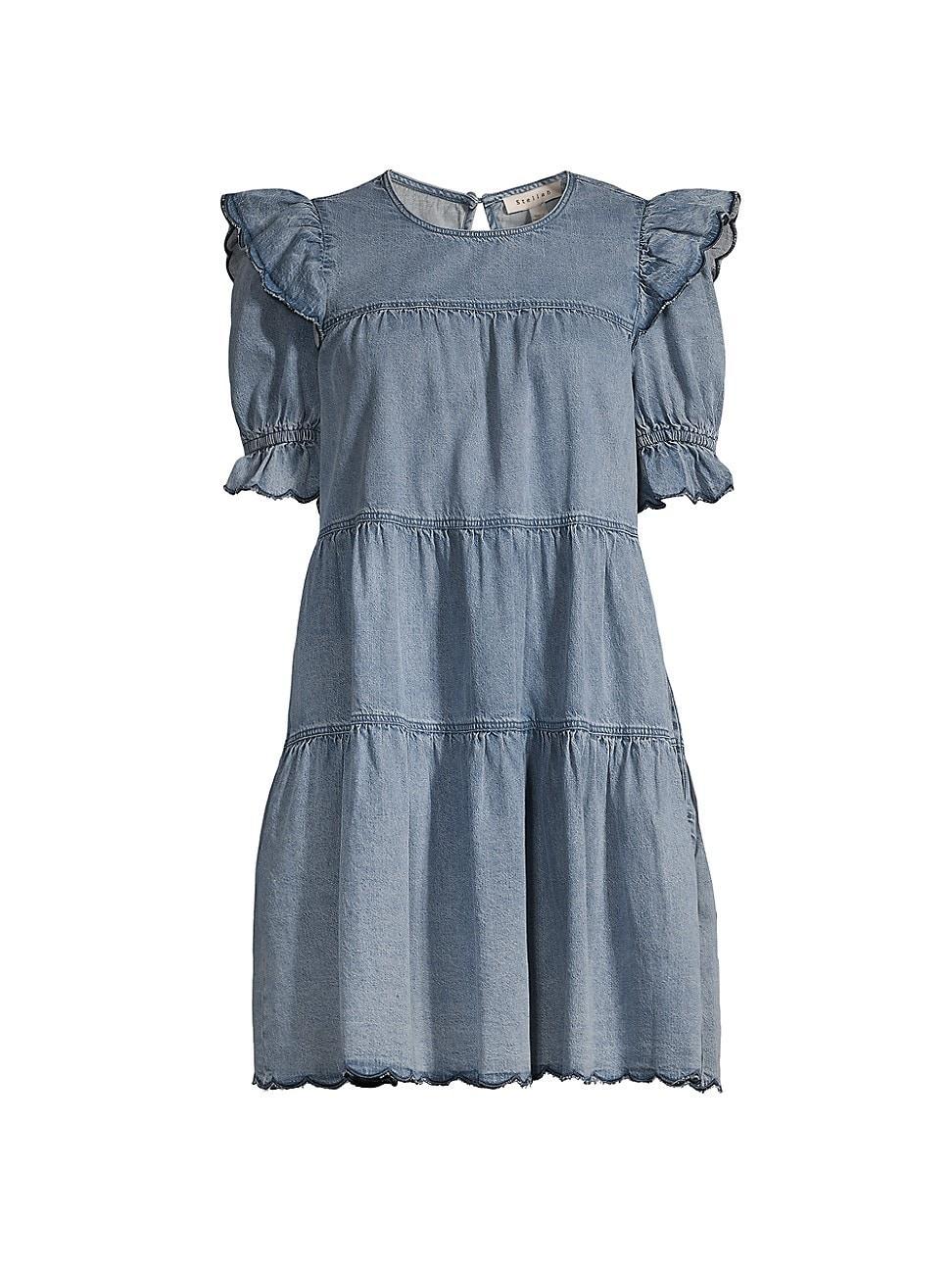 Womens Denim Puff-Sleeve Tiered Minidress Product Image