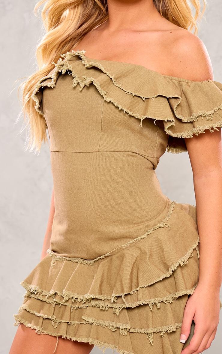 Olive Twill Bardot Frayed Edge Tiered Shift Dress product image