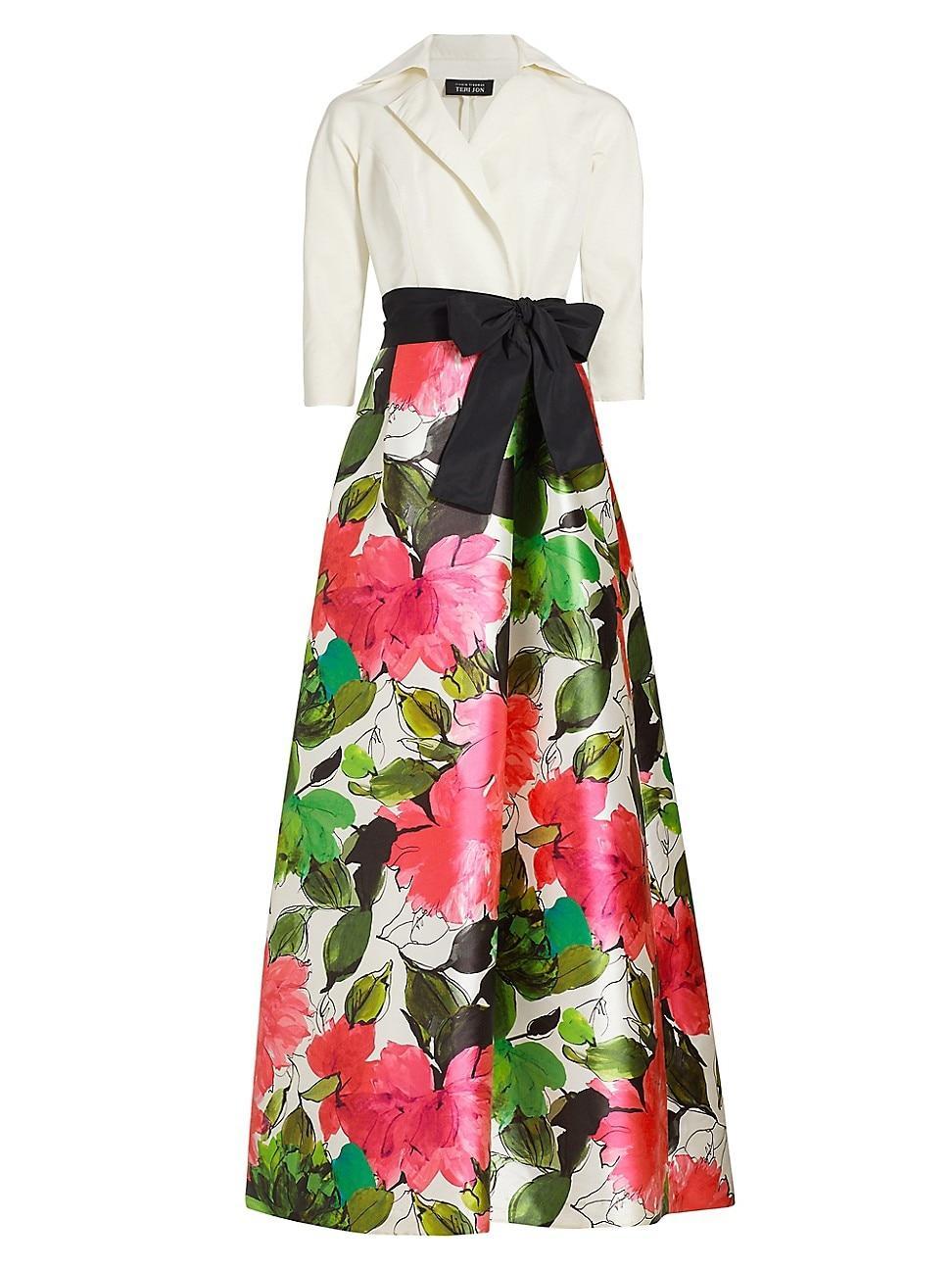 Belted Floral-Print A-Line Gown Product Image