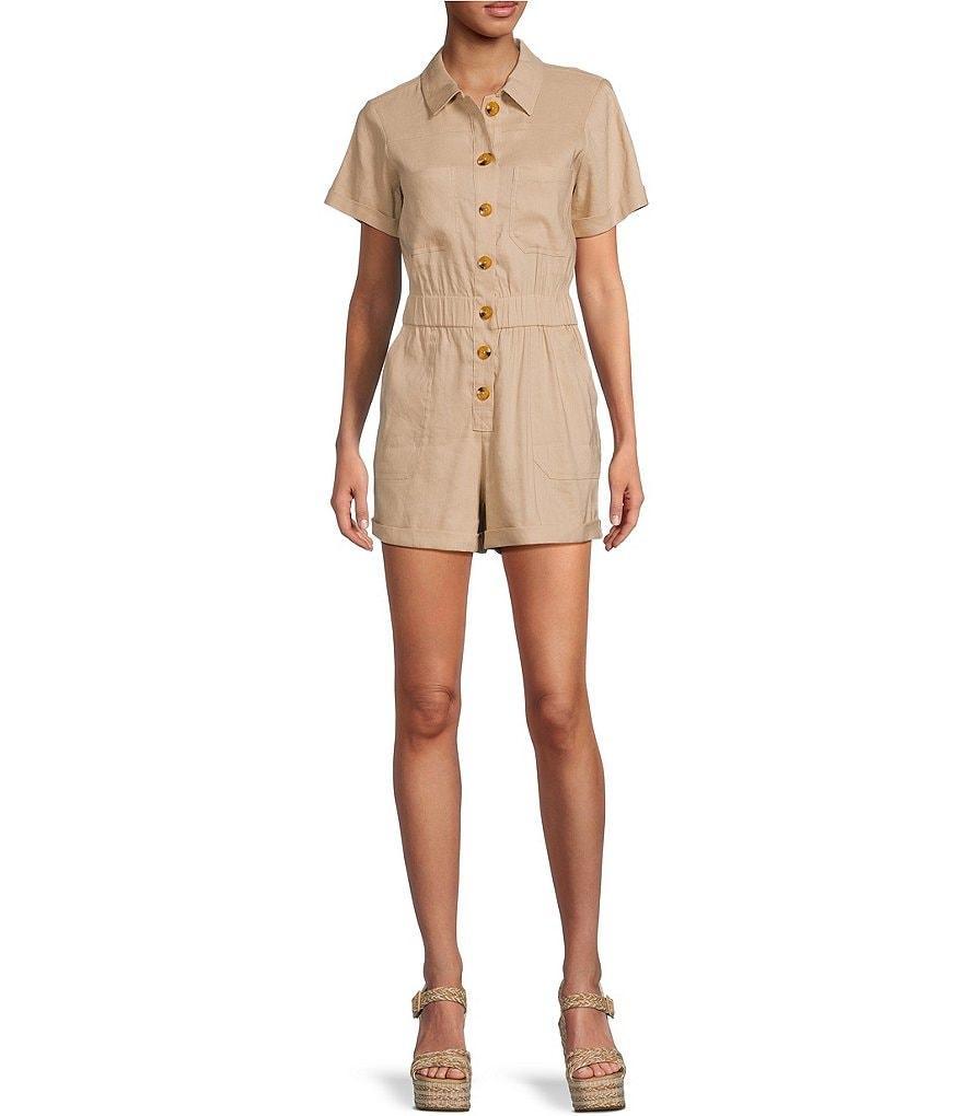 Gianni Bini Tori Linen Blend Button Down Short Sleeve Cuffed Hem Romper Product Image