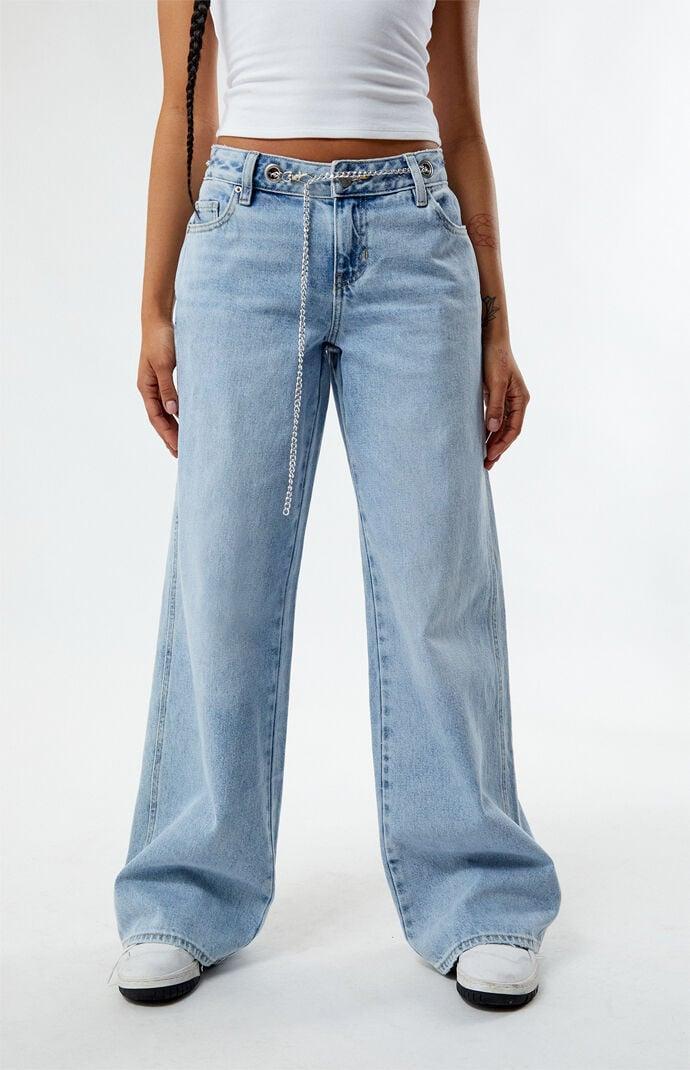 Women's Light Indigo Grommet Low Rise Baggy Jeans Product Image