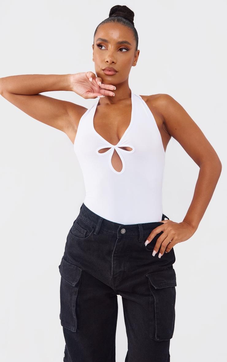 White Slinky Halterneck Cut Out Bodysuit Product Image