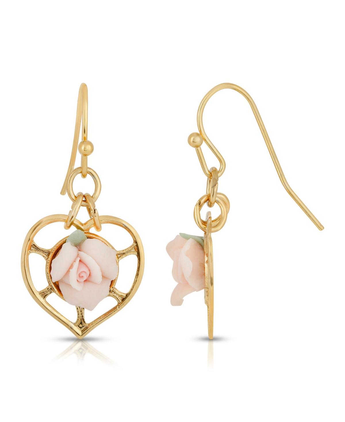 1928 14k Gold-Dipped Heart With Porcelain Rose Earrings, Womens, Pink Product Image