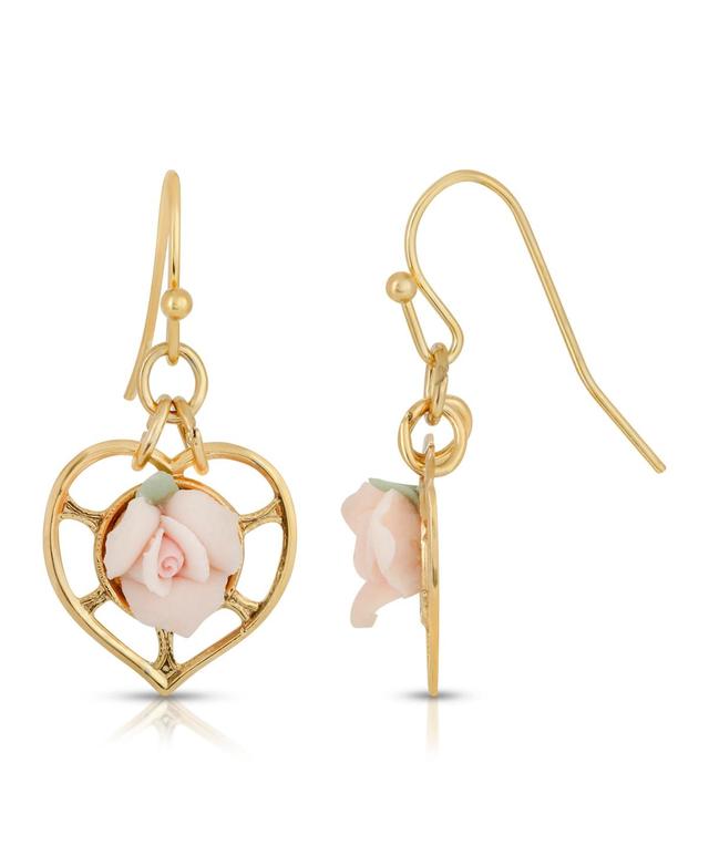 1928 14k Gold-Dipped Heart With Porcelain Rose Earrings, Womens, Pink Product Image