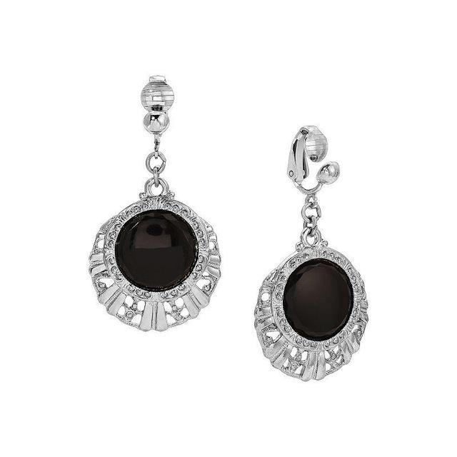 1928 Silver Tone Black Round Textured Drop Clip Earrings, Womens Product Image