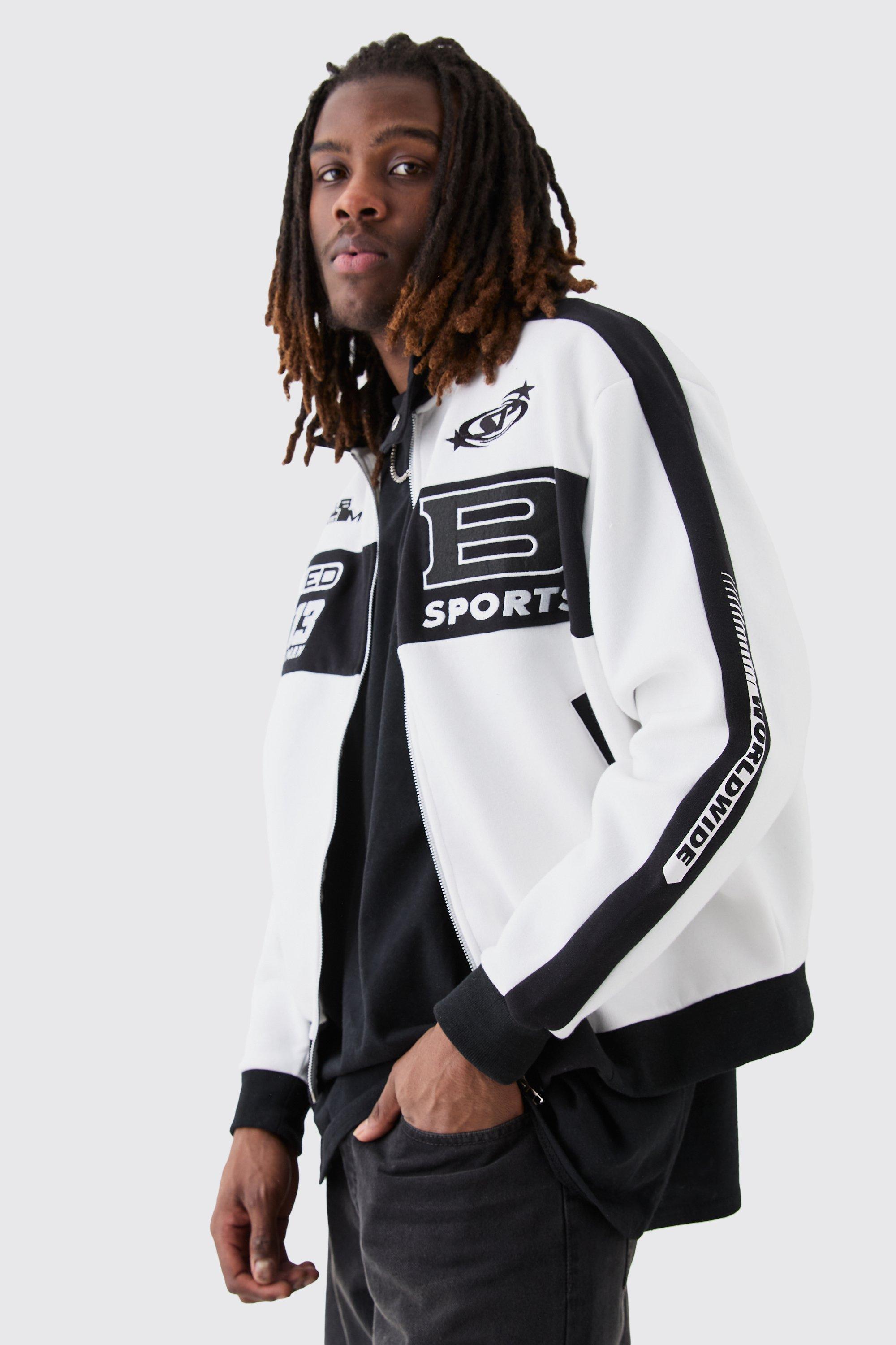 Oversized Boxy Moto Embroidered Jersey Jacket | boohooMAN USA Product Image