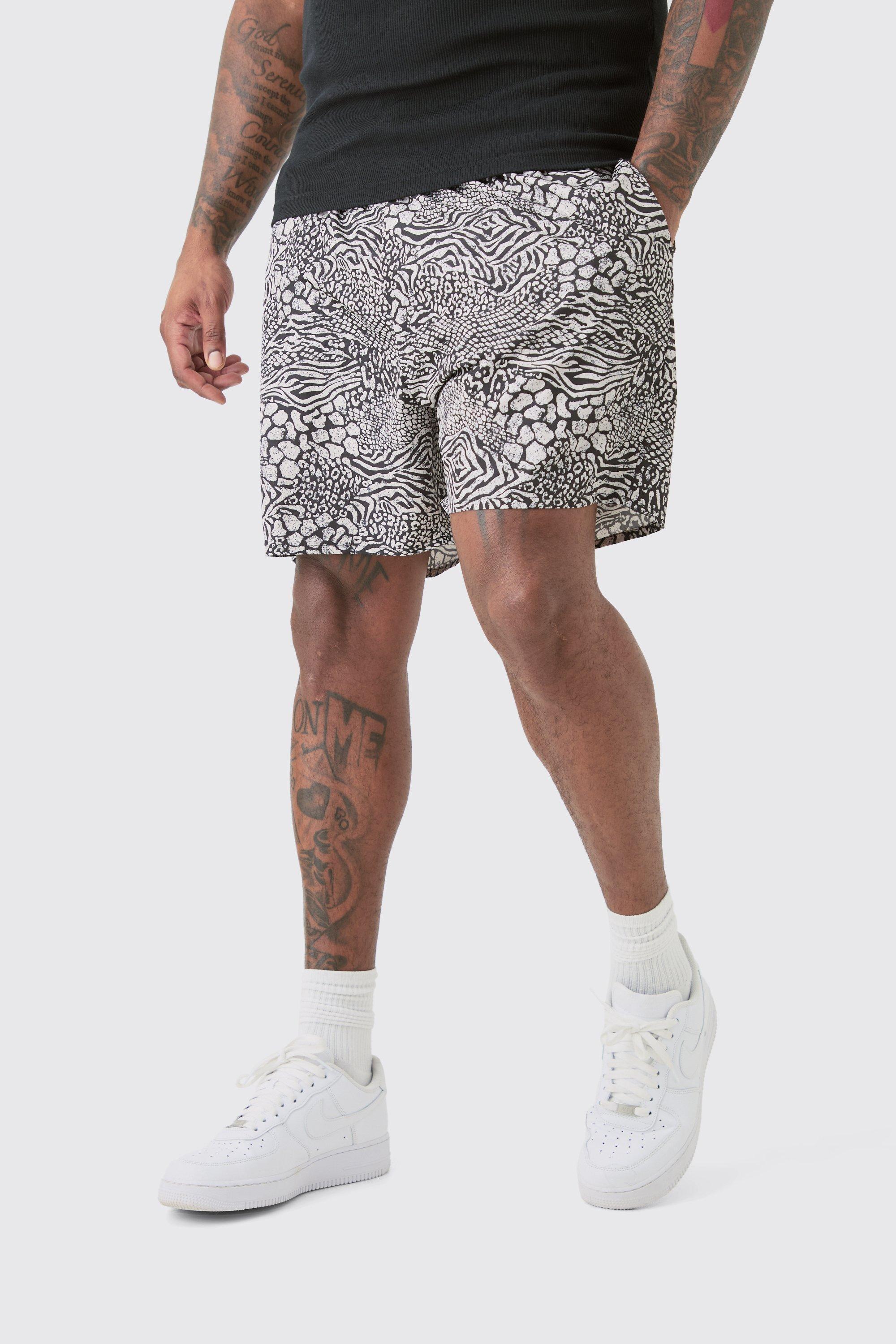 Mens Beige Plus Mixed Animal Printed Swim Shorts, Beige Product Image