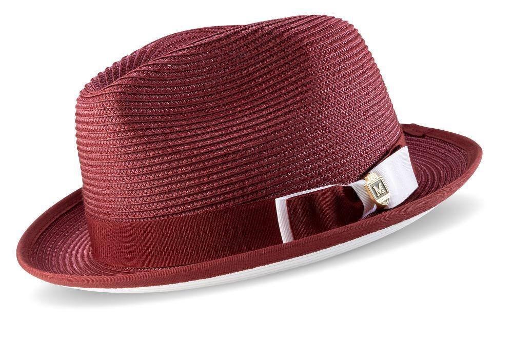 Two Tone Ribbon Stingy Brim Pinch Braided Fedora - Burgundy with White Bottom Product Image