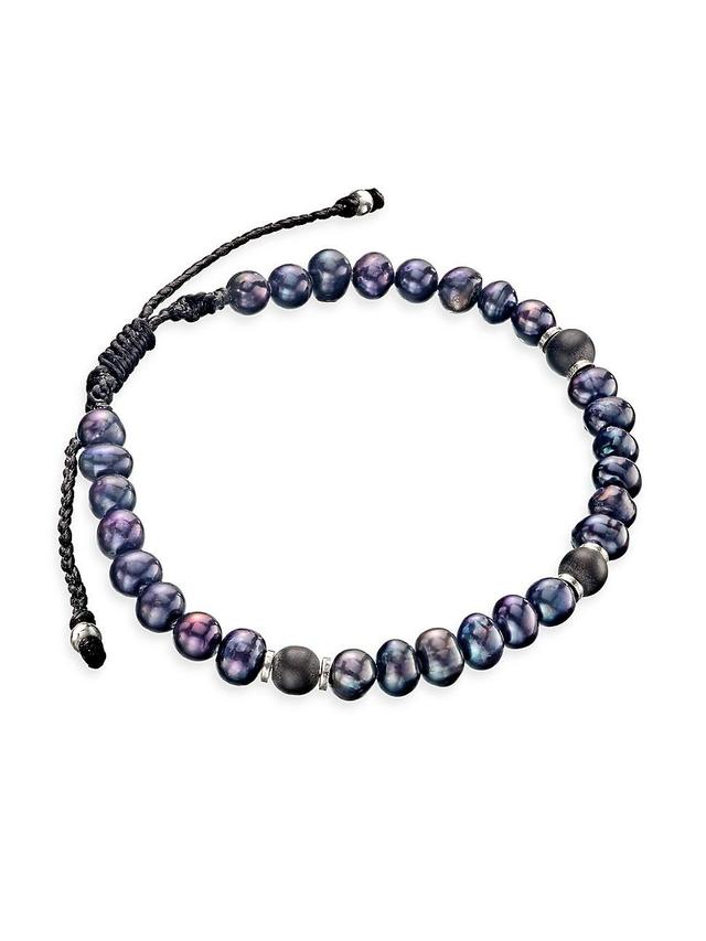 Mens Pearl, Onyx & Sterling Silver Beaded Bracelet Product Image