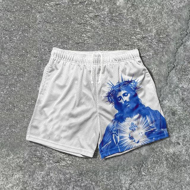 Vintage Jesus Print Mesh Drawstring Shorts Product Image