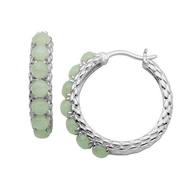 Dynasty Jade Rhodium-Plated Sterling Silver Light Green Jade Bead Hoop Earrings, Womens Product Image