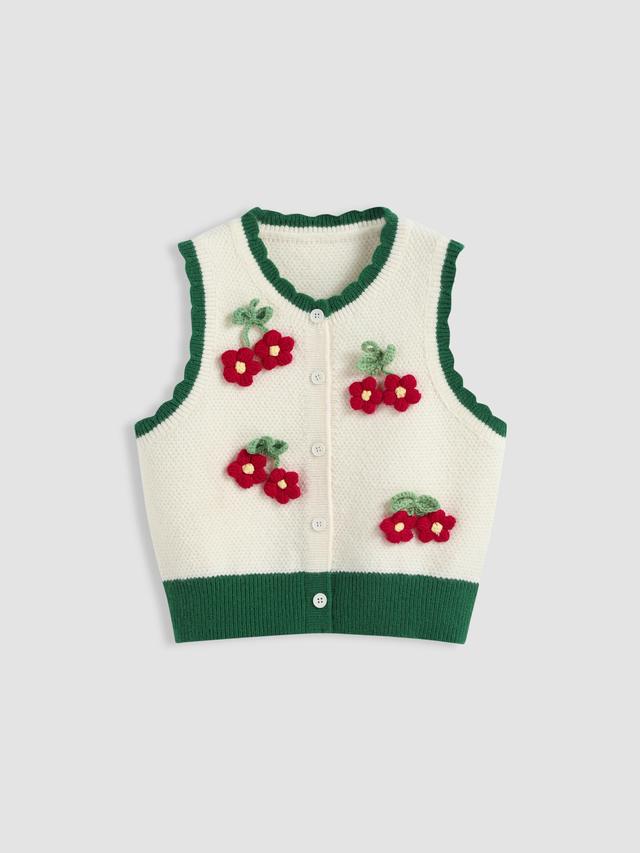 Knit V-neck 3D Flower Contrasting Binding Wave Trim Button Vest Product Image