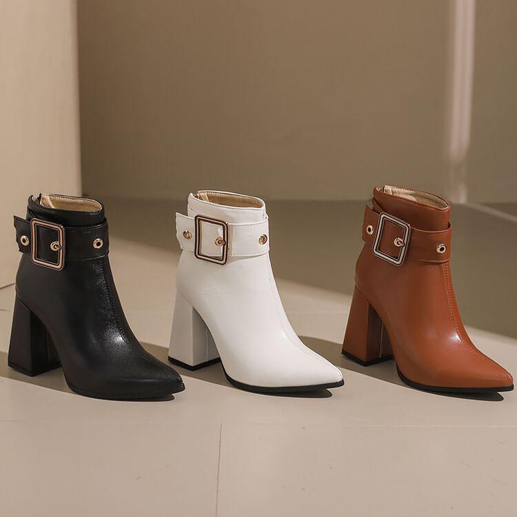 Block Heel Pointed buckled Short Boots Product Image