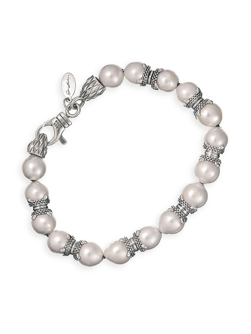 Mens Sterling Silver and Pearl Beaded Bracelet Product Image