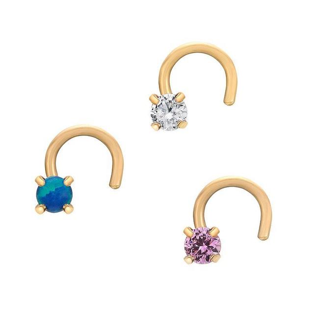 Lila Moon 14k Gold 3-Pair 2 mm Multicolor Cubic Zirconia Curved Nose Stud Set, Womens Product Image