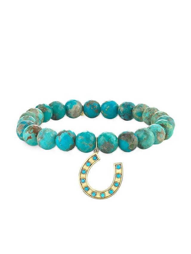 Womens Horseshow Charm 14K Yellow Gold & Turquoise Beaded Stretch Bracelet Product Image