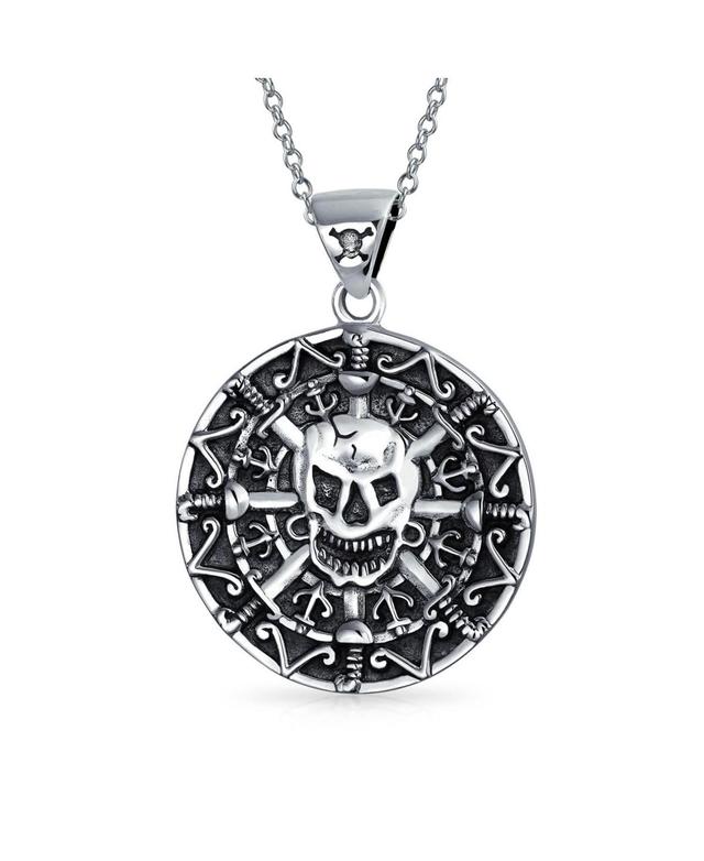 Round Coin Heavy Large Medallion Caribbean Aztec Pirates Skull Pendant Necklace For Men Oxidized .925 Sterling Silver Product Image