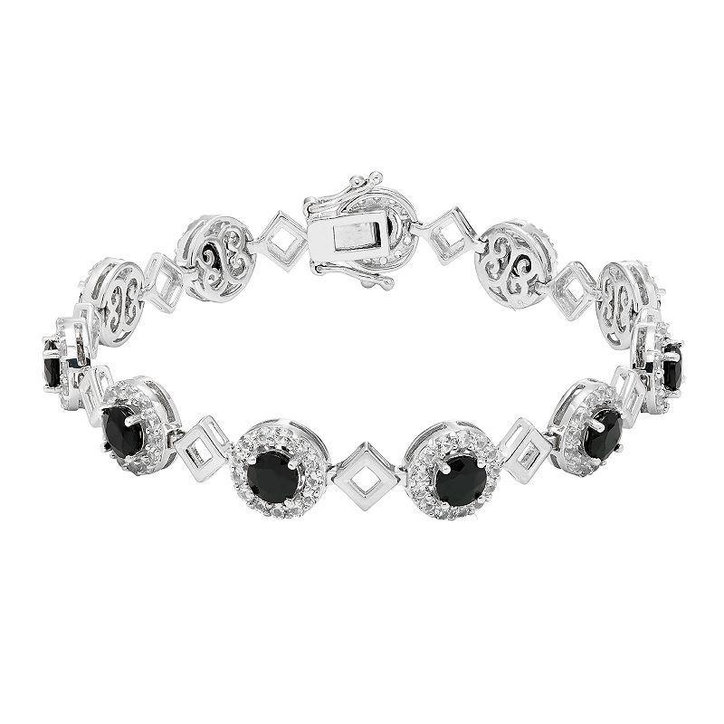 Sterling Silver Onyx & Lab-Created White Sapphire Halo Link Bracelet, Womens Product Image