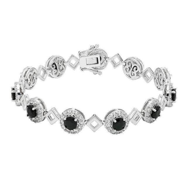 Sterling Silver Onyx & Lab-Created White Sapphire Halo Link Bracelet, Womens Product Image